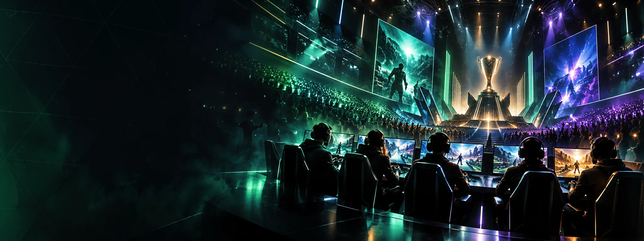 Players competing in a futuristic esports arena