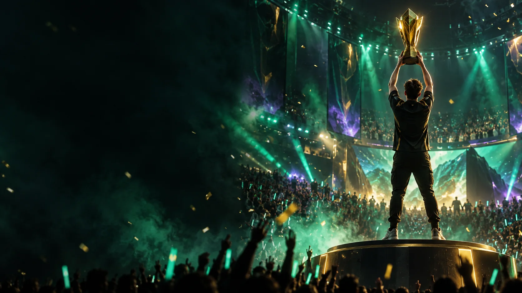 Esports champion lifting a trophy in a packed arena