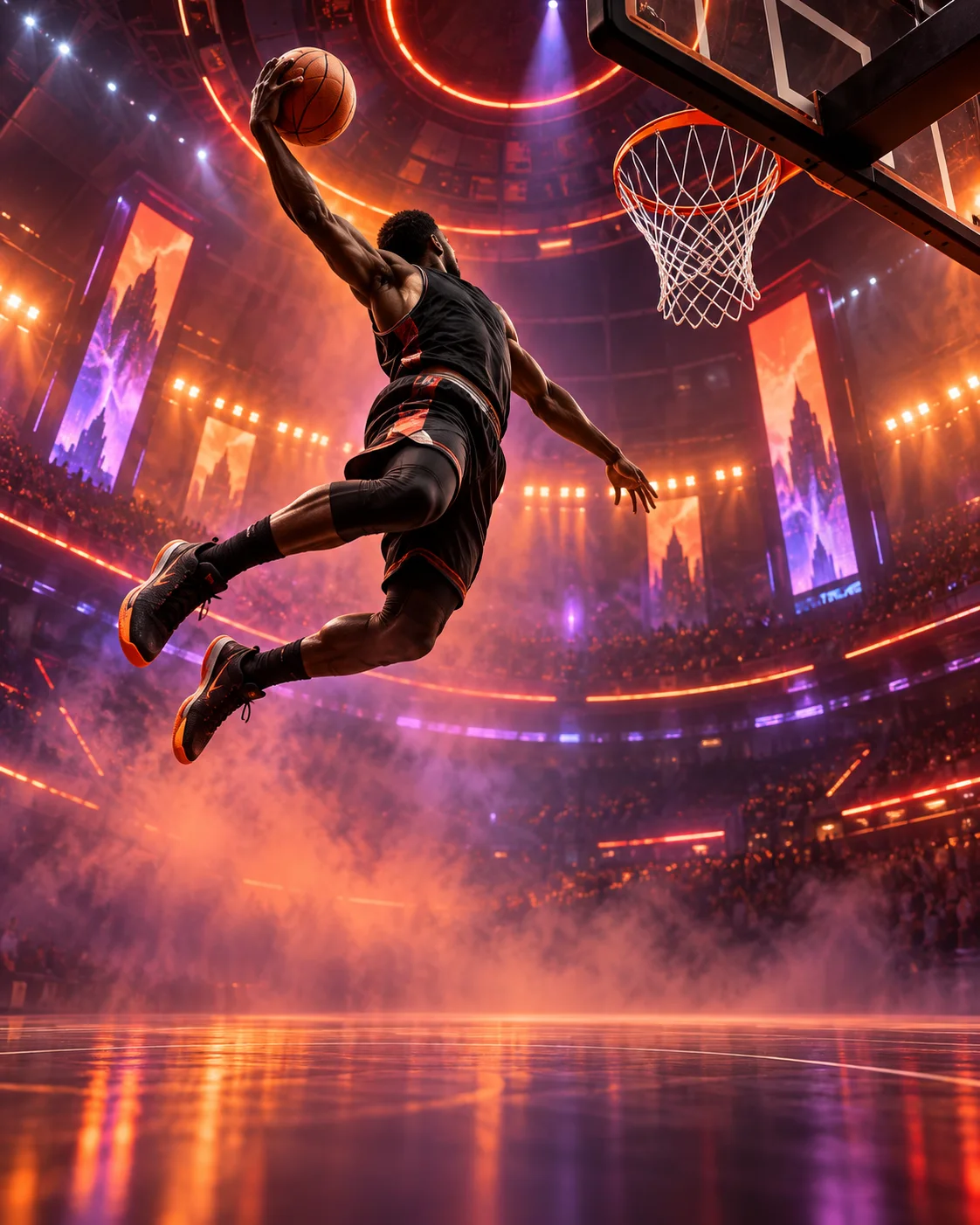 Basketball player leaping toward the hoop