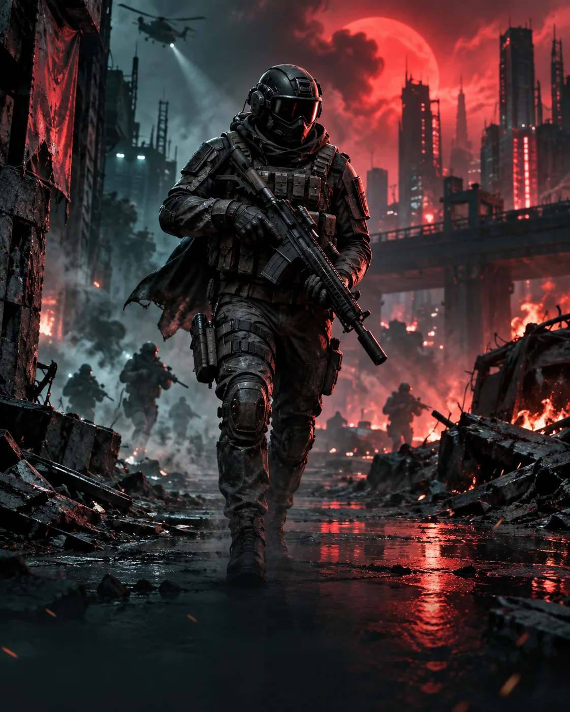 Futuristic tactical operator in a ruined neon city