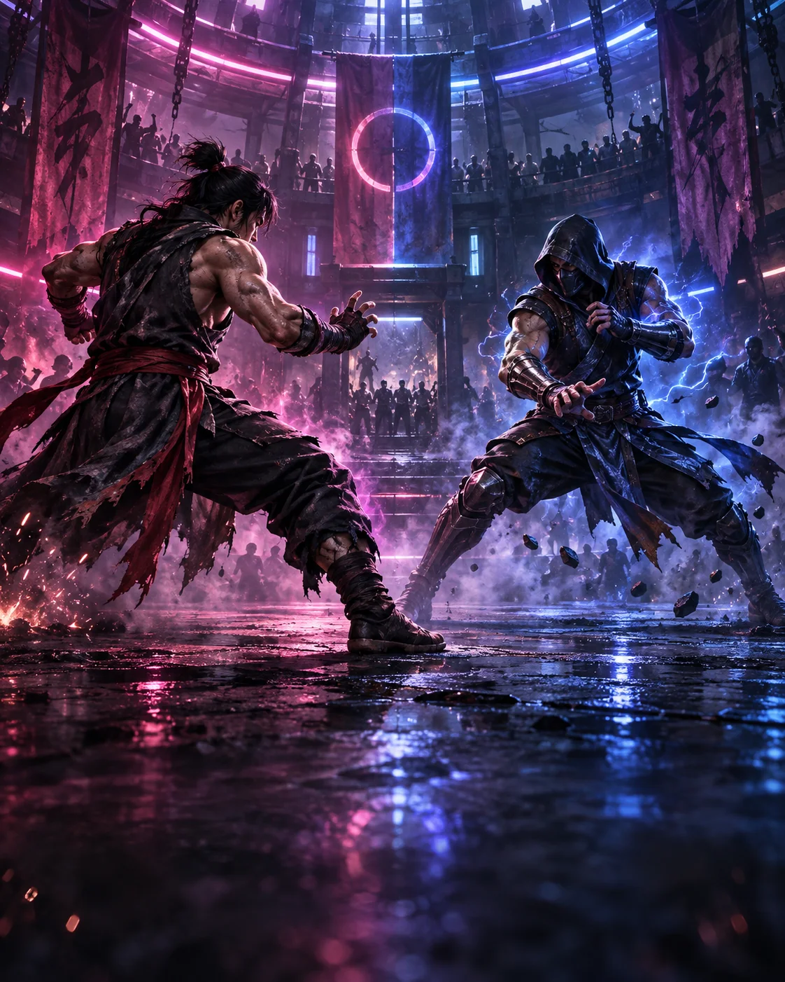 Two martial artists facing off in a neon arena