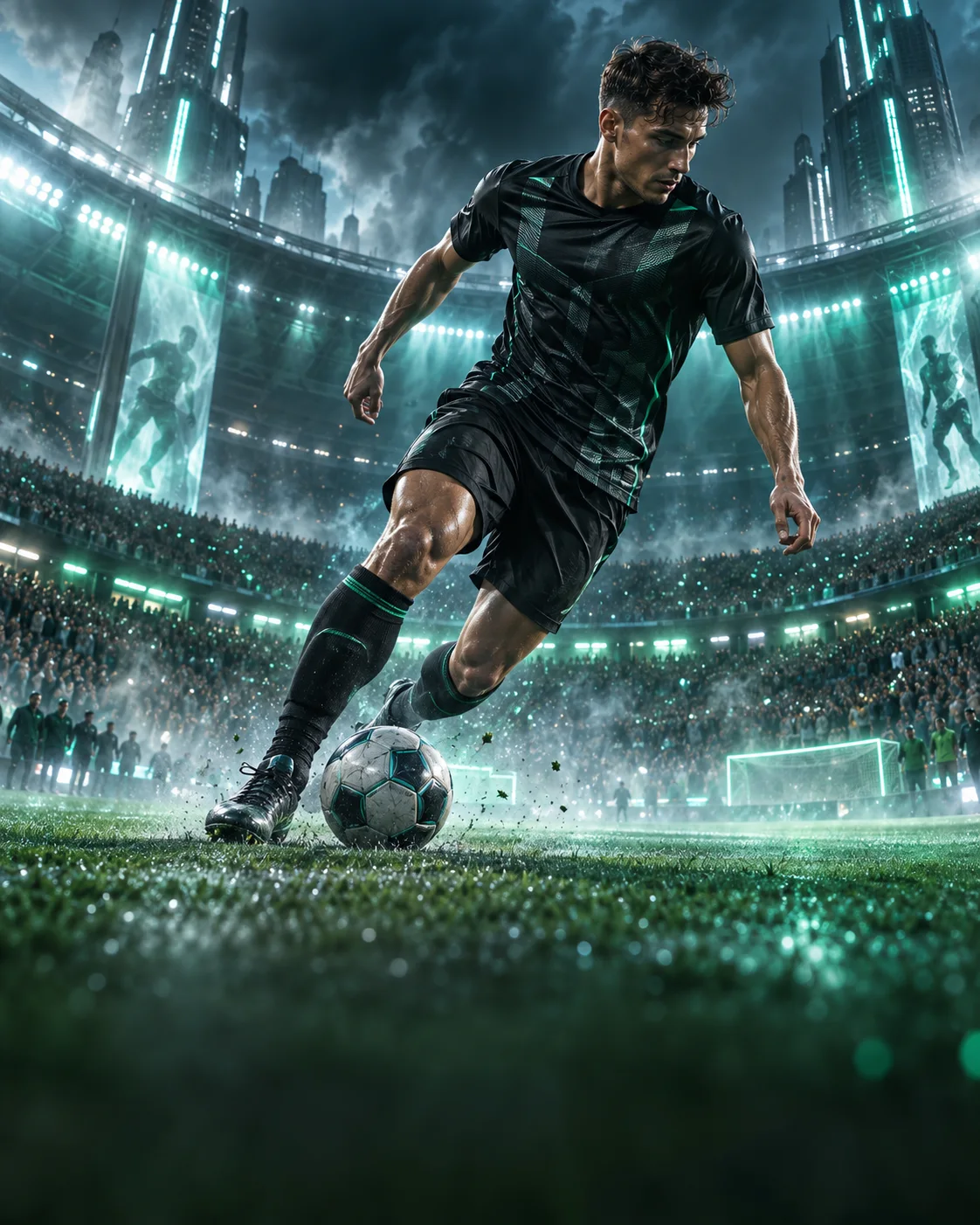 Football player competing under futuristic stadium lights