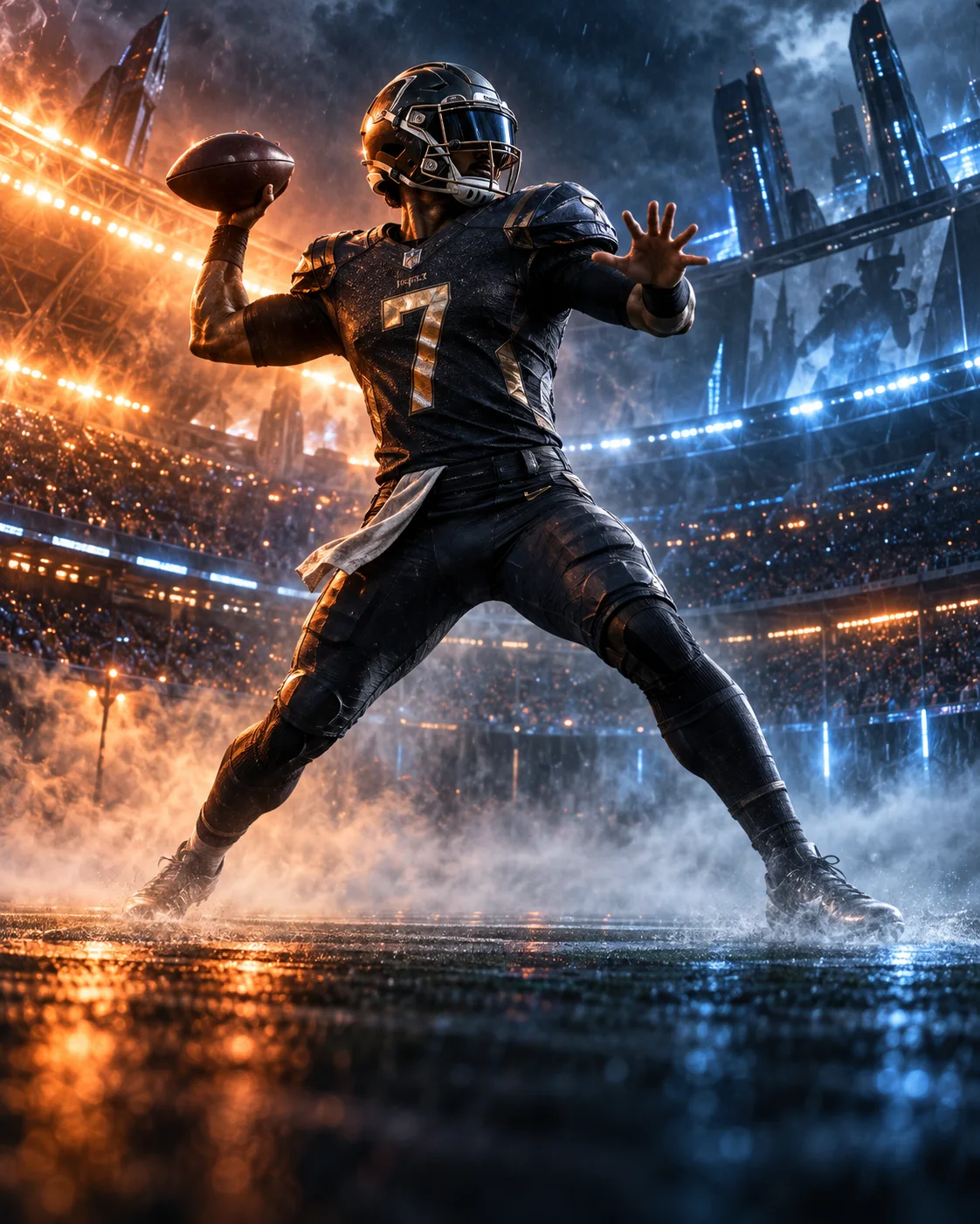 Quarterback preparing a pass in a futuristic stadium